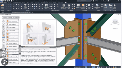Autodesk Advance Steel interface showing a structural steel model