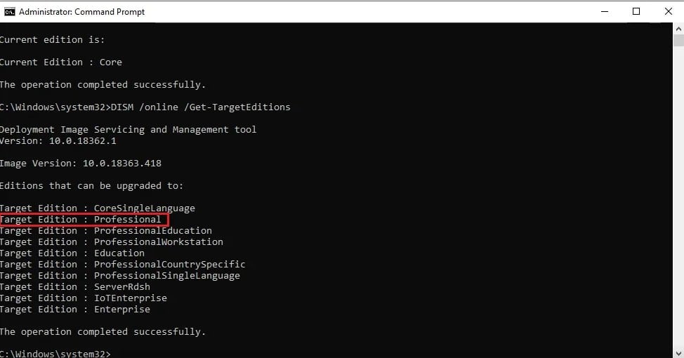 Command Prompt window displaying Windows 10 Pro upgrade completion message