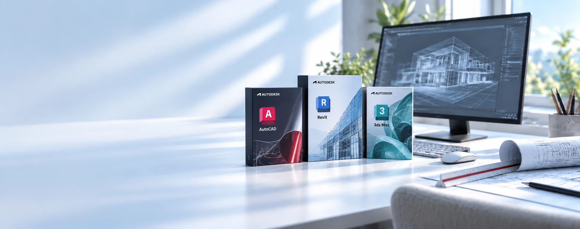 Autodesk AutoCAD, Revit and 3ds Max software boxes on a desk