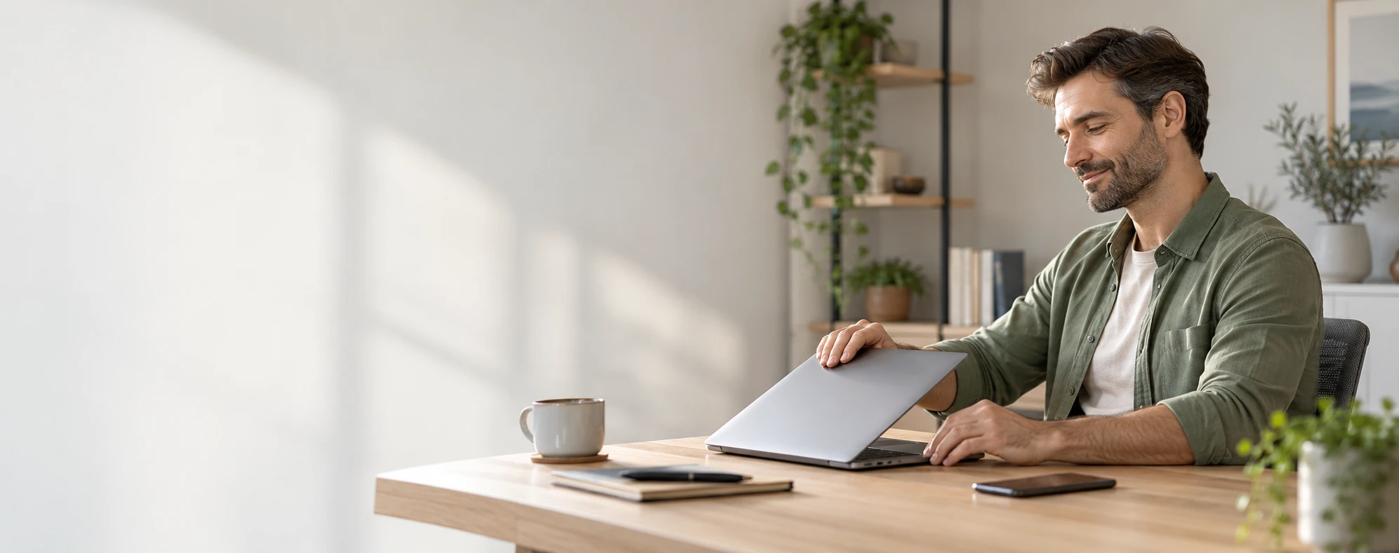 Smiling customer closing a laptop at a desk after receiving his software licence