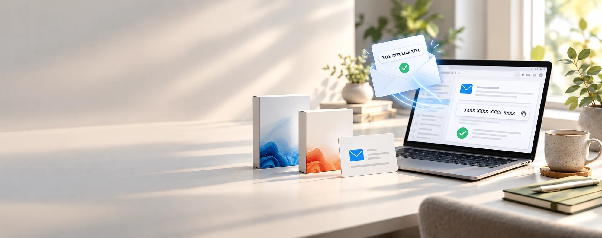 Software boxes and a licence key delivered by email on a laptop