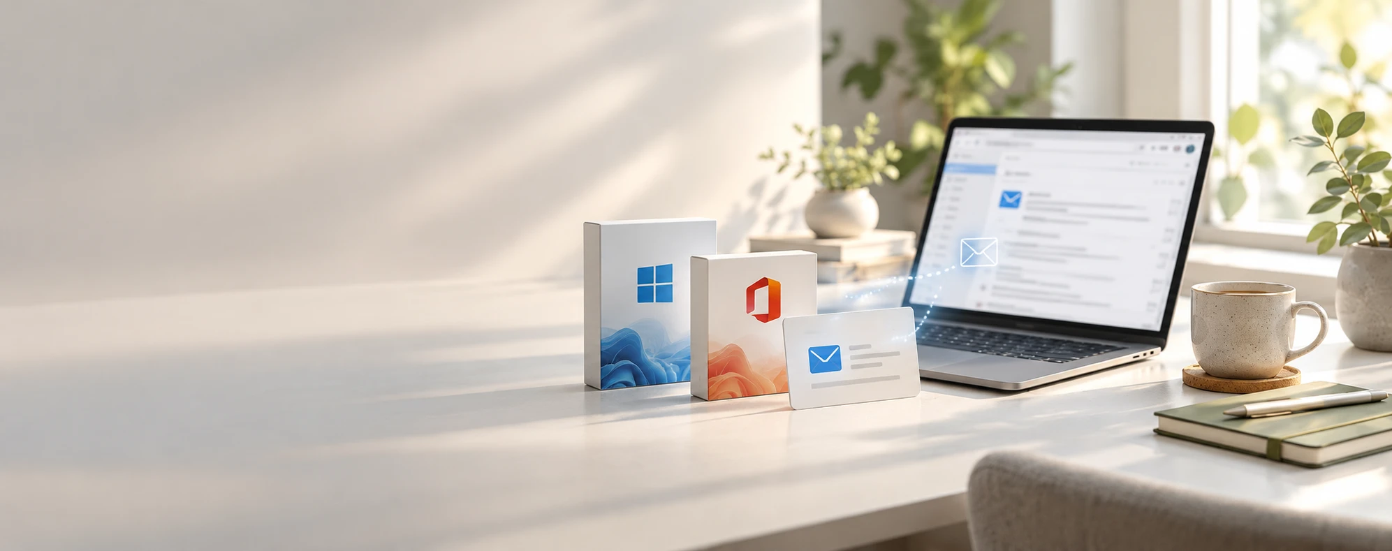Windows and Office software boxes with an email on a laptop
