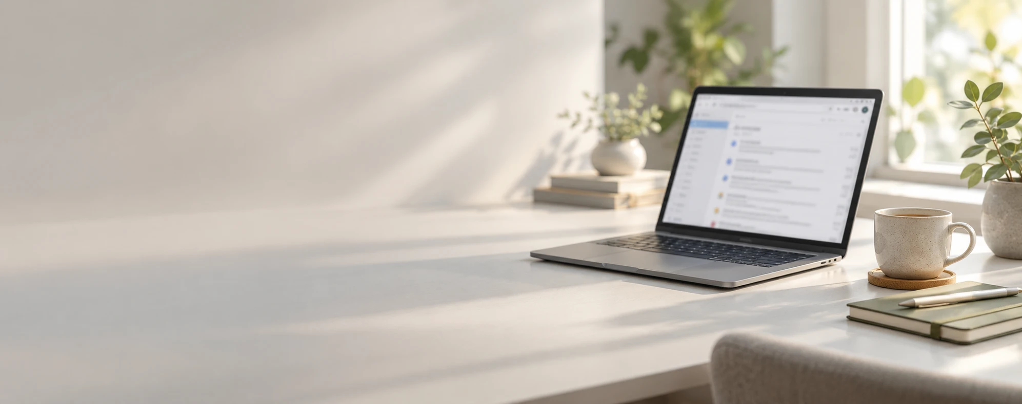 Laptop on a bright desk showing an email inbox