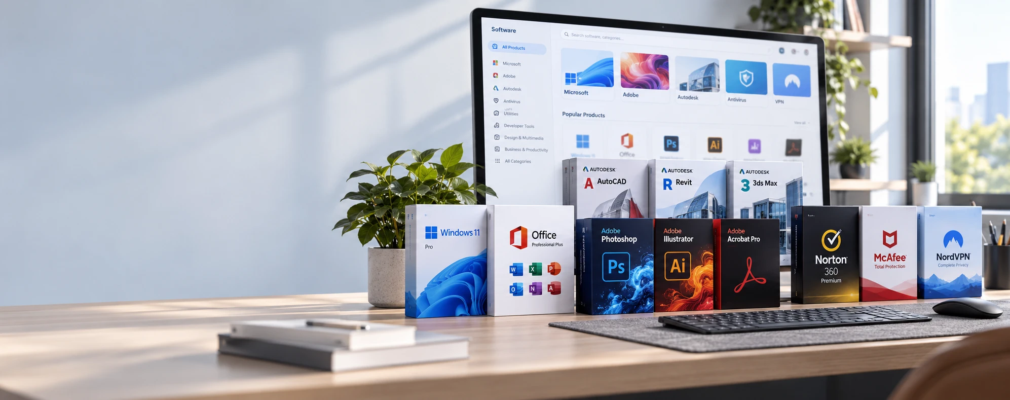 Windows, Office, Autodesk, Adobe and antivirus software boxes on a desk in front of a monitor