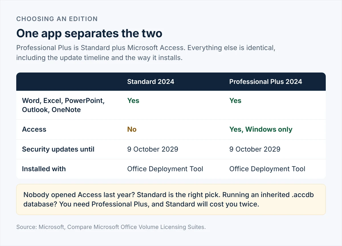 Comparison chart showing that Office 2024 Professional Plus adds only Microsoft Access to Office 2024 Standard